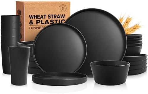 Teivio 24-Piece Kitchen Plastic Coupe Wheat Straw Dinnerware Set, Service for 6, Dinner Plates, Dessert Plate, Cereal Bowls, Cups, Unbreakable Unique Plastic Outdoor Camping RV Dishes, Black by Teivio