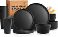 Teivio 24-Piece Kitchen Plastic Coupe Wheat Straw Dinnerware Set, Service for 6, Dinner Plates, Dessert Plate, Cereal Bowls, Cups, Unbreakable Unique Plastic Outdoor Camping RV Dishes, Black by Teivio