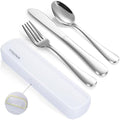 Travel Utensils with Case, 4-Piece Stainless Steel Portable Cutlery Set, Reinforced Case with Buckle Design, Lunch Box for Camping Work School, Include Fork Spoon Knife, Dishwasher Safe, Silver by TININA