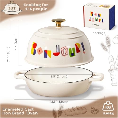 CAROTE Cast Iron Dutch Oven Pot with Lid, 5QT Round Bread Oven, Bonjour - Image 2