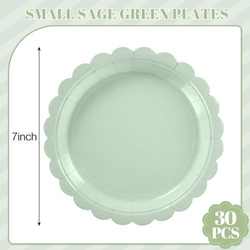 NatNarr 30 Pcs Dessert Plates Disposable, 7 Inch Scalloped Sage Green Birthday Cake Plates Small Appetizer Paper Plate for Baby Bridal Shower, Wedding (Pack of 3) - Image 2