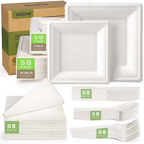 Gezond Compostable Paper Plates Set 300pcs Disposable Plates 10 Inch by Gezond%C2%AE