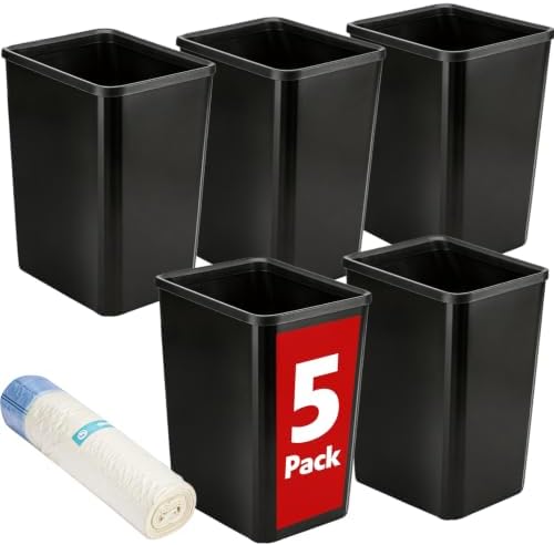 5 Pack Small Trash Can, Plastic Wastebaskets, 3.5 Gallon Small Garbage Can for Bathroom, Bedroom, Kitchen, Offices, Black by BGUP