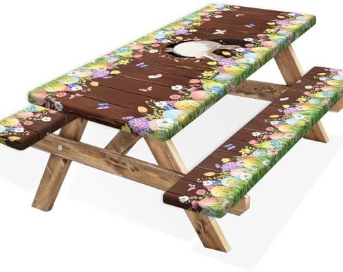 Easter Picnic Table Cover with Bench Covers Elastic Edges, Cute Bunny Flower Brown Wood Fitted Table Cover, Outdoor Patio Camping Essentials, Waterproof Camping Fitted Tablecloth, 3PCS, 30x60 Inch by Xguatan