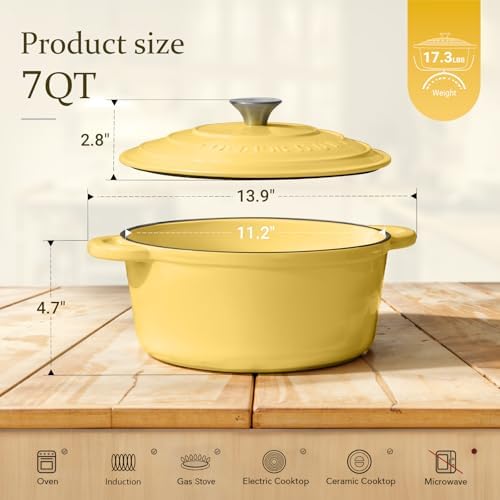Overmont Enameled Cast Iron Dutch Oven - 7QT Pot with Lid Cookbook & Cotton Potholders - Heavy-Duty Cookware for Braising, Stews, Roasting, Bread Baking GooseYellow - Image 4