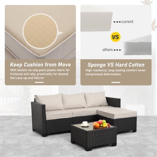 Oasishine Wicker Patio Furniture Patio Couch 3 Pieces Outdoor Sectional with Ottoman and Outdoor Glass Table Weathering Anti-Slip Cushions Furniture Covers, Khaki - Image 6
