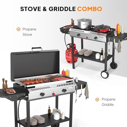 Bonnlo 2-in-1 Propane Stove and Griddle, Iginition Outdoor Gas Cooker with Storage Shelf and Portable Wheels, 2 Burner Camping Stove with 150000BTU Output for Backyard Cooking BBQ Frying and Boiling - Image 2
