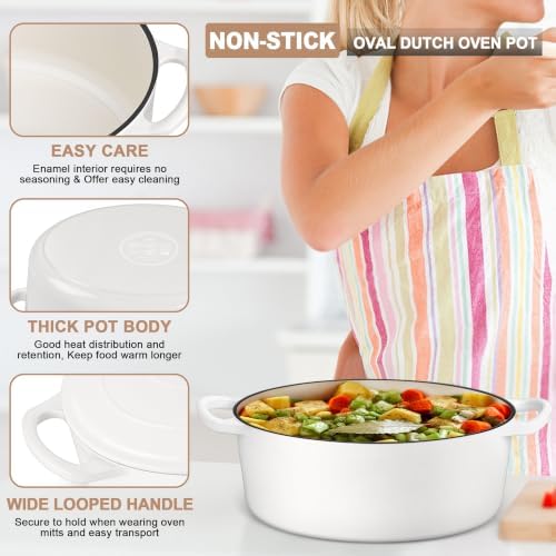 E-far 7QT Oval Dutch Oven Pot with Lid, White Enameled Cast Iron Dutch Oven - Image 3