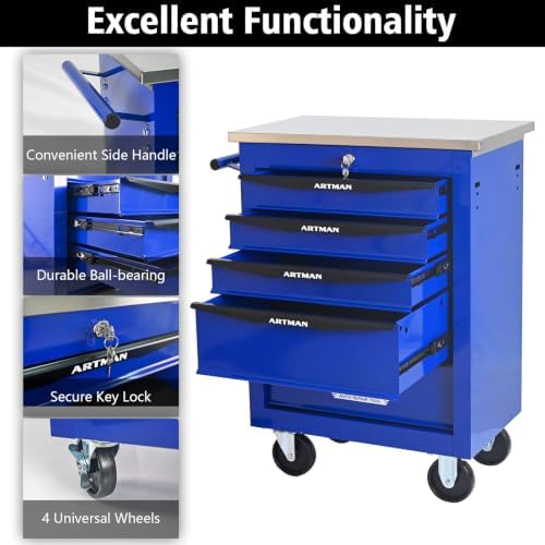 5-Drawer Heavy-Duty Rolling Tool Chest with Wheels & Steel Roof, Lockable Tool Chest Storage Cabinet for Garage, Workshop, Warehouse, and Repair Shop - Image 5