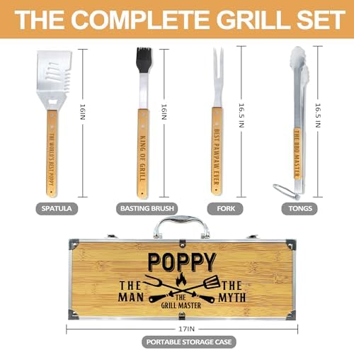 Poppy Gifts from Grandkids Christmas, Heavy Duty Wooden BBQ Grilling Accessories Kit for Backyard, Poppy Thick Stainless Steel Grill Utensils with Non-Slip Handle Tools in Portable Bag Birthday - Image 2