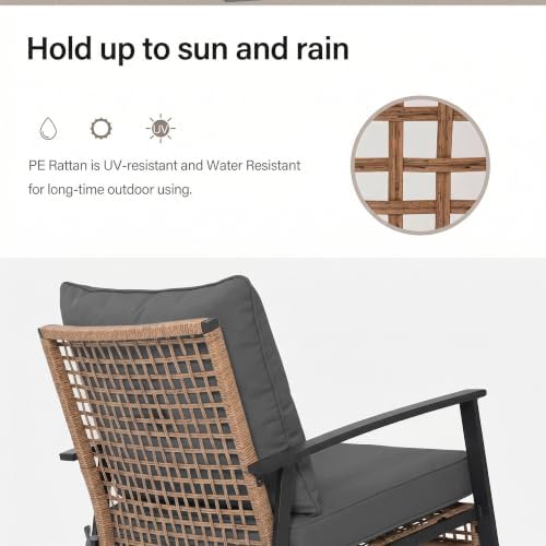 LAUSAINT HOME 3-Piece Rocking Bistro Set, Outdoor Patio Furniture with Thick Cushions and 2-Tier Coffee Table, Oversize Rattan Conversation Set for Garden, Balcony, Backyard (Grey) - Image 4