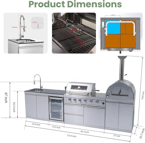 125" Outdoor Kitchen Island,Stainless Steel Natural Gas BBQ Grill with with Standalone Side Burner Pizza Oven, Rotisserie, Refrigerator, Granite Countertop, Storage Cabinets Drawers 108000 BTU. - Image 2