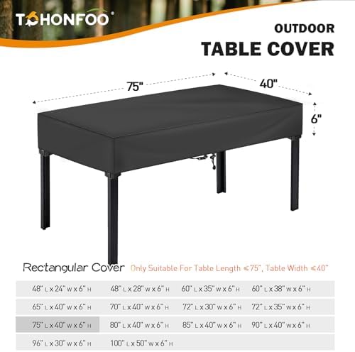 TOHONFOO Waterproof Rectangular Patio Table Cover, 75" x 40" x 6", Black - Image 2