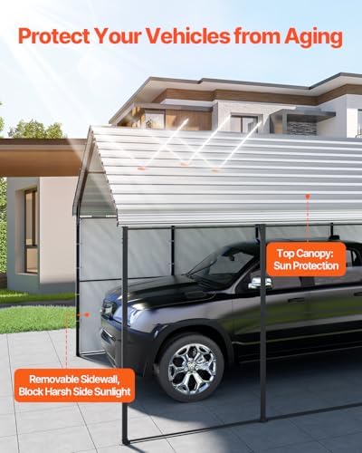 VEVOR Heavy Duty Metal Carport, 12' x 20' Outdoor Carport with Galvanized Steel Frame & Roof, Car Tent Garage Shade with Removable Sidewalls, Multi-Use Car Shelter for Pickup, Boat, Car & Tractors - Image 3