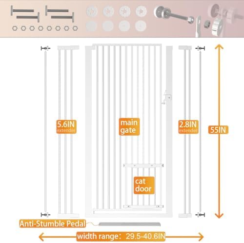 55.11" Extra Tall Cat Gate 29.5-40.6'' Wide Pet gate for Doorway Pet Gate with Cat Doors NO Drilling Pressure Mount Kit for Cats and Dogs Indoor Doorways liveing Room Bedroom-White - Image 5