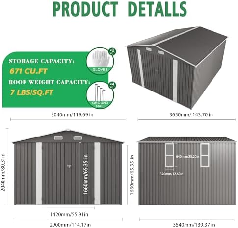 Metal Storage Shed 12x4FT Lean-to Outdoor Tool Shed with Double Doors, Galvanized Steel Frame Garden Storage Organizer, Hardtop Gazebo Combo for Patio Backyard Workshop Lawn Equipment Storage - Image 2