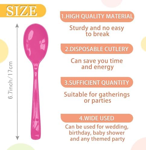 SietDESEO 25 PCS Hot Pink Plastic Spoons Disposable Utensils Heavy Duty Hot Pink Spoons Disposable Cutlery for Birthday Wedding Baby Shower Bridal Shower Plastic Silverware - Image 3