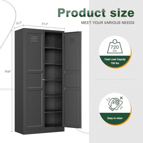 Letaya Black Storage Cabinet with Adjustable Shelves-Metal Home Kitchen Pantry Cabinets with Doors,Organization Locker for Cupboard/Bedroom/Dining/Living/Bathroom/Office/Garage Room - Image 3