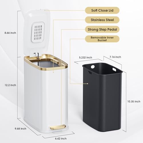 CEROELDA Small Bathroom Trash Can with Lid-5L/1.3 Gal-Soft Close Lid-White - Image 5