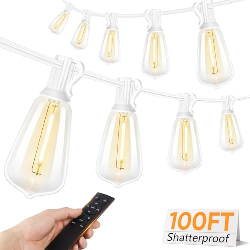 Brightever 100FT Outdoor String Lights with Remote, Dimmable LED Patio Lights with 32 ST38 Shatterproof Vintage Bulbs, 2700K Warm White 3 Modes 2 Timer Outside Light for Yard, Deck, Cafe, White by Brightever