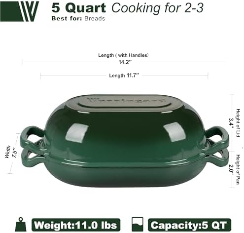 VORRINGARD Enameled Cast Iron Sourdough Bread Oven, Dutch Oven, Loaf Cast Iron Bread Pan for Homemade Bread Baking, Meatloaf Pan with Lid, 5QT, Dark Green - Image 2