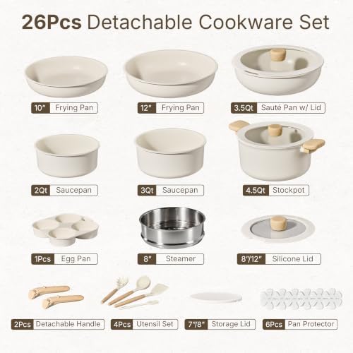 CAROTE 26pcs Pots and Pans Set Non Stick, Cookware Set Detachable Handle - Image 2