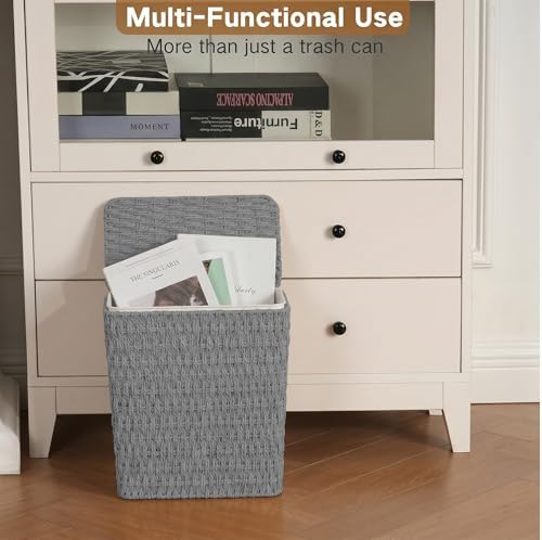 iEGrow Paper Rope Trash Can,Bathroom Trash Can with Lid, 3 Gallon Wicker Waste Basket with Removable Liner, for Bedroom, Living Room, Toilet, Under Sink Gray - Image 6