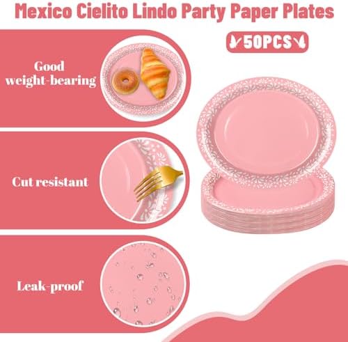Whaline 50 Pcs Cielito Lindo Paper Plates 12 x 10 Inch Pink Mexico Fiesta Party Oval Disposable Dinner Plates for Mexican Themed Baby Shower Wedding Party Decor Supplies - Image 3