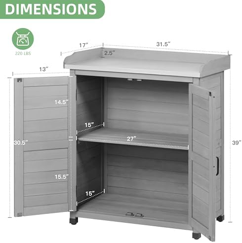 Outdoor Potting Bench with Storage Cabinet, Wooden Garden Potting Table with Metal Tabletop, Workbench Station for Patio Backyard (Classsic Grey, 31.5x17x39) - Image 3