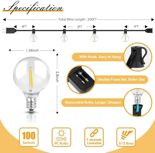 Brightever 200FT Outdoor String Lights Dimmable LED Outside Patio Lights with 100+4 Shatterproof G40 Globe Edison Bulbs, Connectable Commercial String Hanging Lights for Backyard Party Porch Garden - Image 4