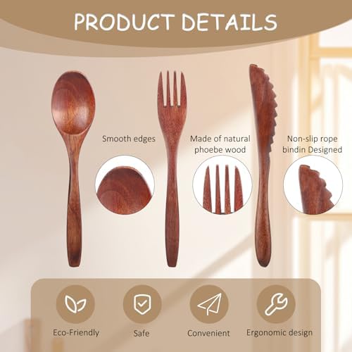6 Pcs Wooden Utensils for Eating, Wooden Spoon Fork Cutlery Set - Image 4
