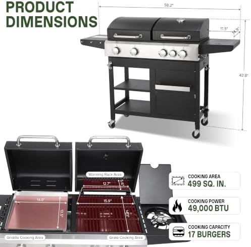 4‑Burner Gas Grill and Griddle Combo with Side Burner, 49,000 BTU - Image 2