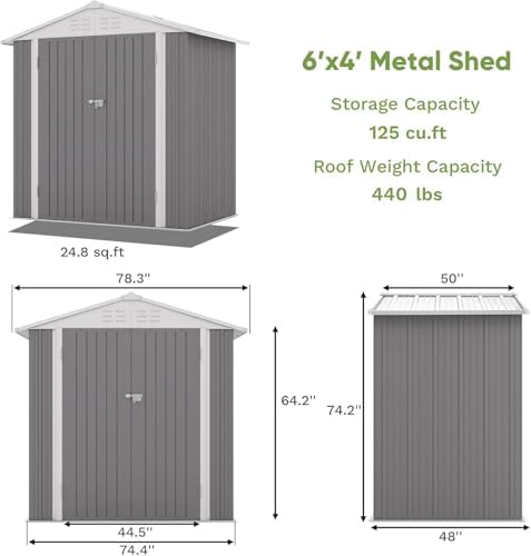 Patiowell 6x4 FT Outdoor Storage Shed, Metal Sheds, Gray - Image 2