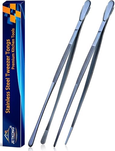 JETKONG 2 Pcs 14-Inch Cooking Tweezer Tongs Extra- Long Stainless Steel Kitchen Tweezers Plating Tongs (Navy Blue) by JETKONG