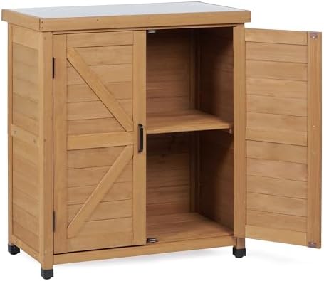 Outdoor Storage Cabinet with Metal Tabletop, Cedar Wood Garden Workstation by MederlaOutdoorLiving