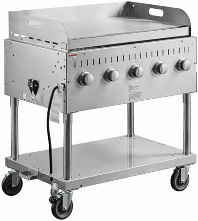 Commercial Stainless Steel Outdoor Liquid Propane Grill with Griddle Attachment, 36" Cooking Surface, 5 Burners, 80,000 BTU, for Restaurant Patio, Resort, Catering, Outdoor Kitchen, Hotel by Krollen+Industrial