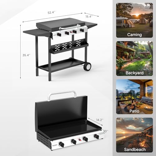 ROVSUN 4 Burner Portable Propane Griddle with Electronic Ignition, 40000 BTU Rolling Flat Top Gas Grill with Enameled Tray & Lid, Side Shelves & Regulator for Outdoor Cooking Camping BBQ Tailgating - Image 6