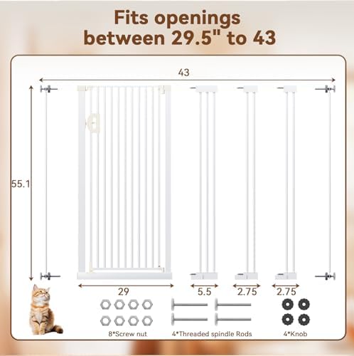 Fldofaves Extra Tall Pet Gate, 57" Cat Gate for Doorway, Pressure Mounted Auto Close Dog Gate, Ultra Narrow Bar Spacing No Drill Gate for Stairs, Doorways, Hallways, Fits 29.5"-43" Openings - Image 3