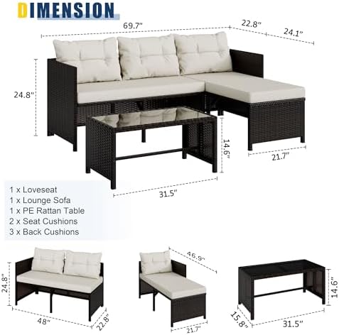 Vongrasig 3 Piece Patio Furniture Sets, All-Weather PE Wicker Outdoor Sofa Couch Sectional Set, Small Conversation Set for Garden/Patio w/Cushion, Glass Table, (Beige) - Image 3