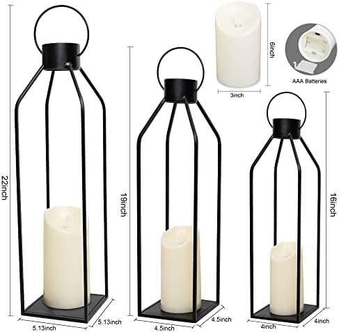 HPC Decor 22'' 19'' 16'' Lanterns Decorative w/Flickering Timer Candles- Tall Large Black Metal Candle Lanterns Set of 3- Modern Farmhouse Decor for Indoor,Outdoor,Tabletop,Porch (No Glass) - Image 6
