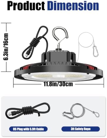 210W UFO LED High Bay Light, 31500LM Shop Lights, 5000K Daylight, ETL Listed with 6' Cable & Safety Rope, IP65 Waterproof Commercial Lighting for Warehouse, Workshop, 980W MH/HPS Equivalent, 4 Pack - Image 3