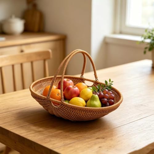 RT&BS Wicker Egg-collecting Basket with Handles, Wicker Bread Basket Oval, Handwoven Fruit Basket with Handles, Reusable Storage Baskets for Living Room, Kitchen, Store, Restaurant, Outdoor (Brown, L) - Image 6