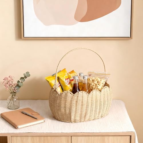 Scalloped Round Basket with Handle, Super Sturdy Wicker Storage Baskets, Hand Woven Basket for Shelves,Natural Baskets for Organizing (White Rattan 12.6"*9"*6.1") - Image 7