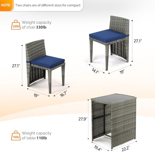 Bonnlo 3 PCS Wicker Outdoor Patio Bistro Set, Patio Furniture Set for Small Space with Glass Top Table Dining Chairs, Balcony Furniture Patio Table and Chairs Set of 2 for Garden Yard Porch (Grey) - Image 3