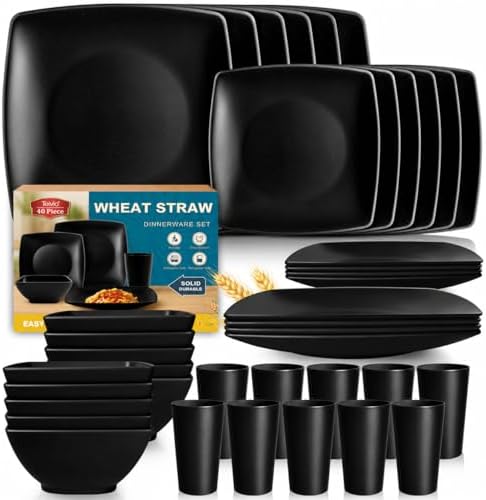 Teivio 40-piece Plates and Bowls Sets for 10, Black Square Dinnerware Sets by Teivio