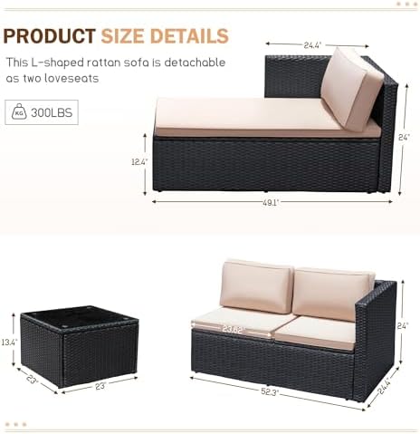 Greesum 3 Piece Patio Furniture Set Outdoor Wicker Rattan Sectional Sofa with Adjustable Seat, Soft Cushions & Coffee Table for Yard, Garden, Porch, Poolside, Beige - Image 4