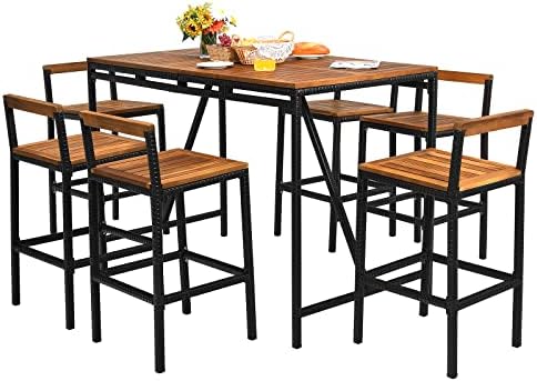 HAPPYGRILL 7 Piece Patio Bar Table Set with Umbrella Hole Acacia Wood High-Dining Bistro Set with 6 Bar Stools, PE Wicker Outdoor Bar Set for Backyard Patio and Poolside by HAPPYGRILL