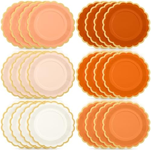 48 Pcs Orange Paper Plates 9 Inch Scalloped Fall Party Supplies by Tiangrid