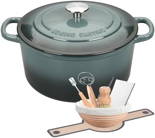 EDGING CASTING Enameled Cast Iron Dutch Oven with Sourdough Bread Baking Kit, Bread Dutch Oven with Lid, Includes Proofing Basket & Baking Tools, 5qt, Slateblue by EDGINGCOOKWARE