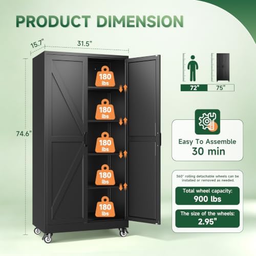 Letaya Metal Garage Storage Cabinet with Wheels,75" Black Tool Steel Locker - Image 3